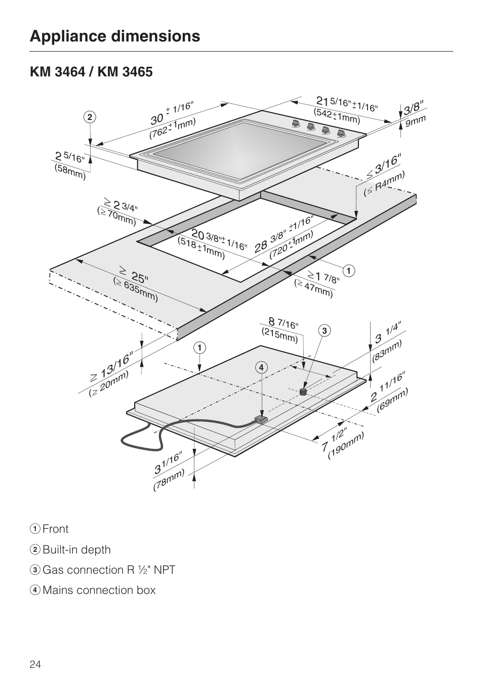Appliance dimensions 24, Km 3464 / km 3465 24, Appliance dimensions | Ad b | Miele KM 3475 User Manual | Page 24 / 40