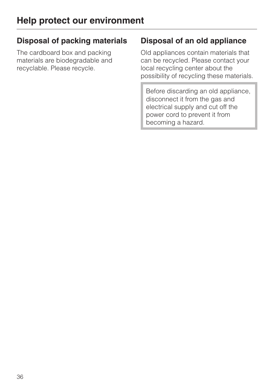 Help protect our environment 36, Help protect our environment | Miele KM 3475 User Manual | Page 36 / 40