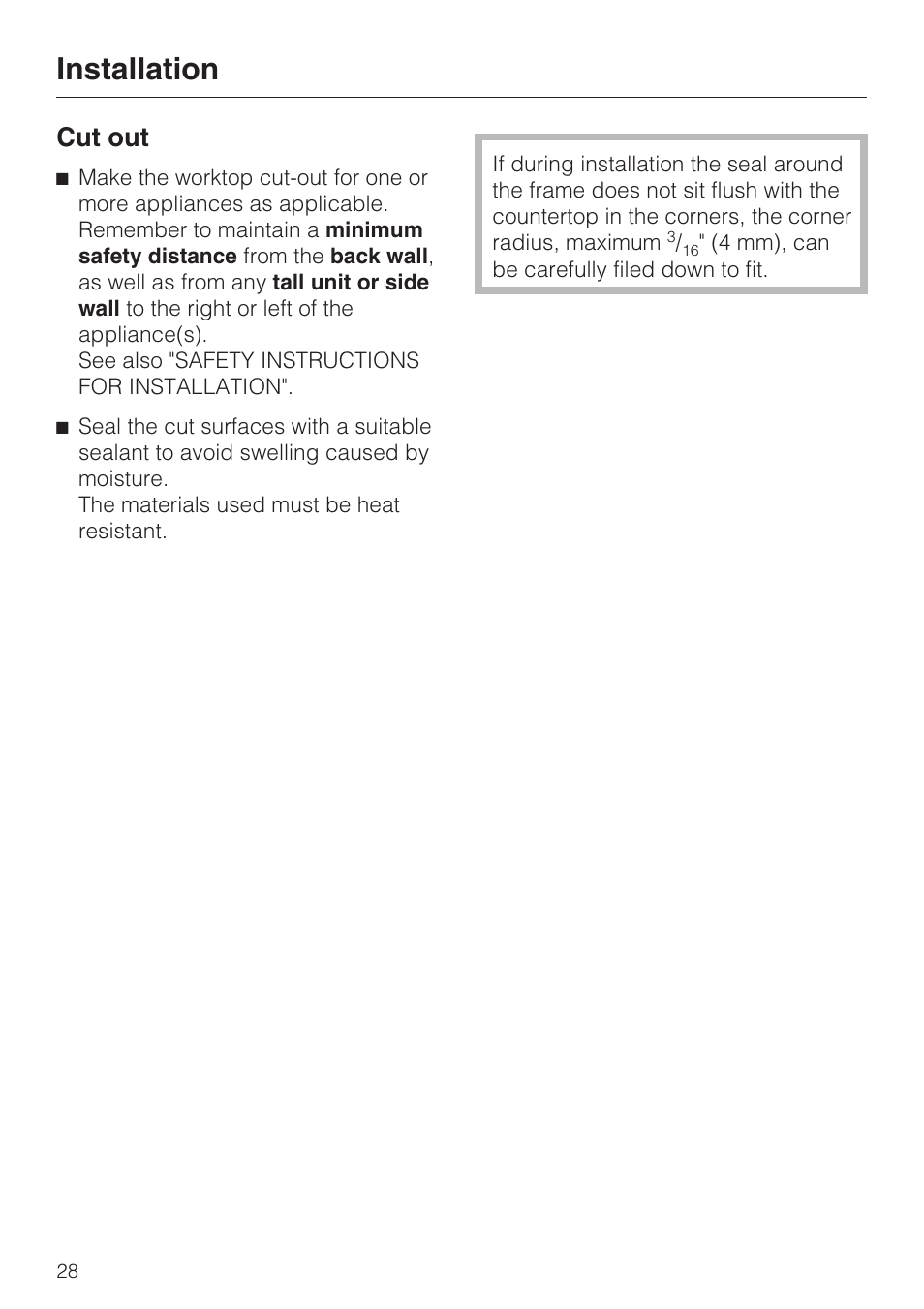 Cut out 28, Installation, Cut out | Miele CS 1122 User Manual | Page 28 / 40