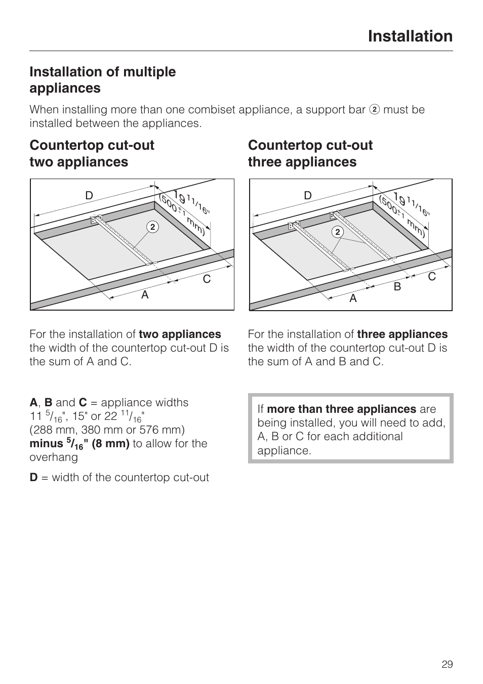 Installation of multiple appliances 29, Installation, Installation of multiple appliances | Countertop cut-out two appliances, Countertop cut-out three appliances | Miele CS 1122 User Manual | Page 29 / 40