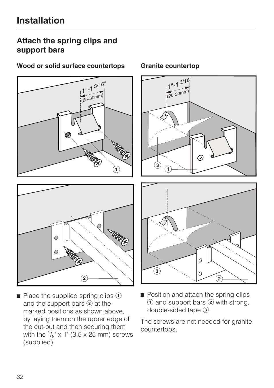 Attach the spring clips and support bars 32, Installation, Attach the spring clips and support bars | Bc a | Miele CS 1122 User Manual | Page 32 / 40
