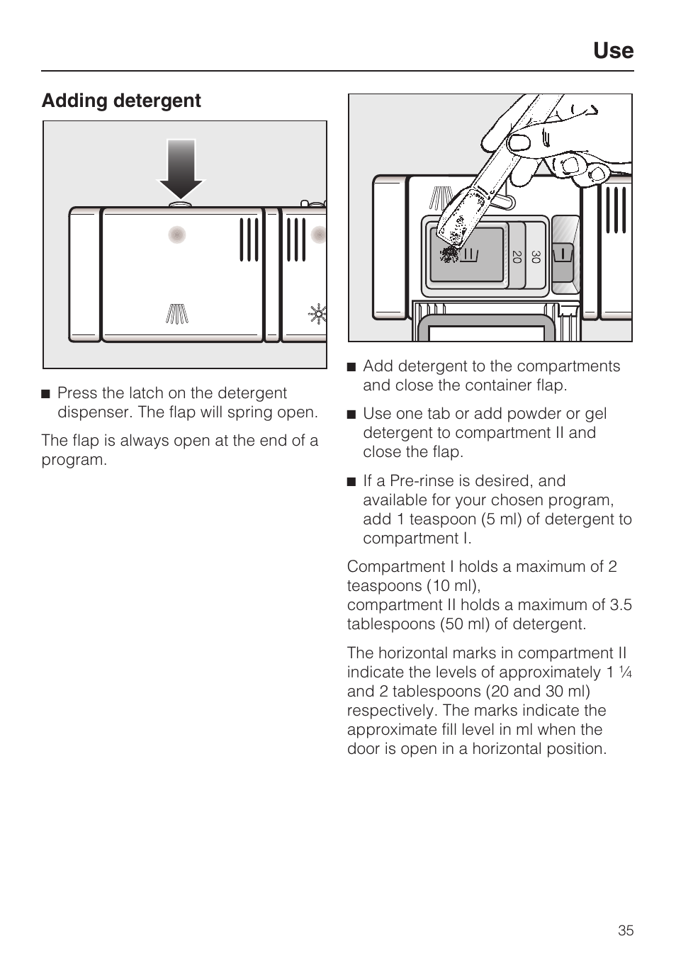 Adding detergent 35, Adding detergent | Miele G 5100 User Manual | Page 35 / 68