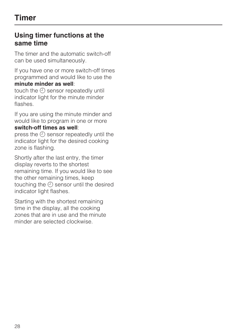 Using timer functions at the same time 28, Timer, Using timer functions at the same time | Miele KM5947 User Manual | Page 28 / 56