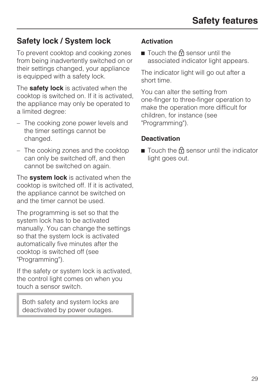 Safety features 29, Safety lock / system lock 29, Safety features | Safety lock / system lock | Miele KM5947 User Manual | Page 29 / 56