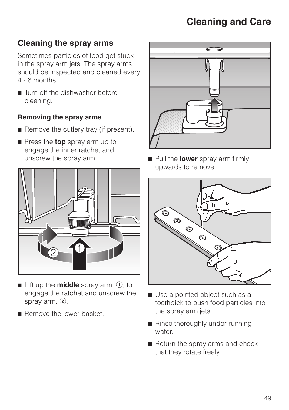 Cleaning the spray arms 49, Cleaning and care, Cleaning the spray arms | Miele G 2420 G 2430 User Manual | Page 49 / 60