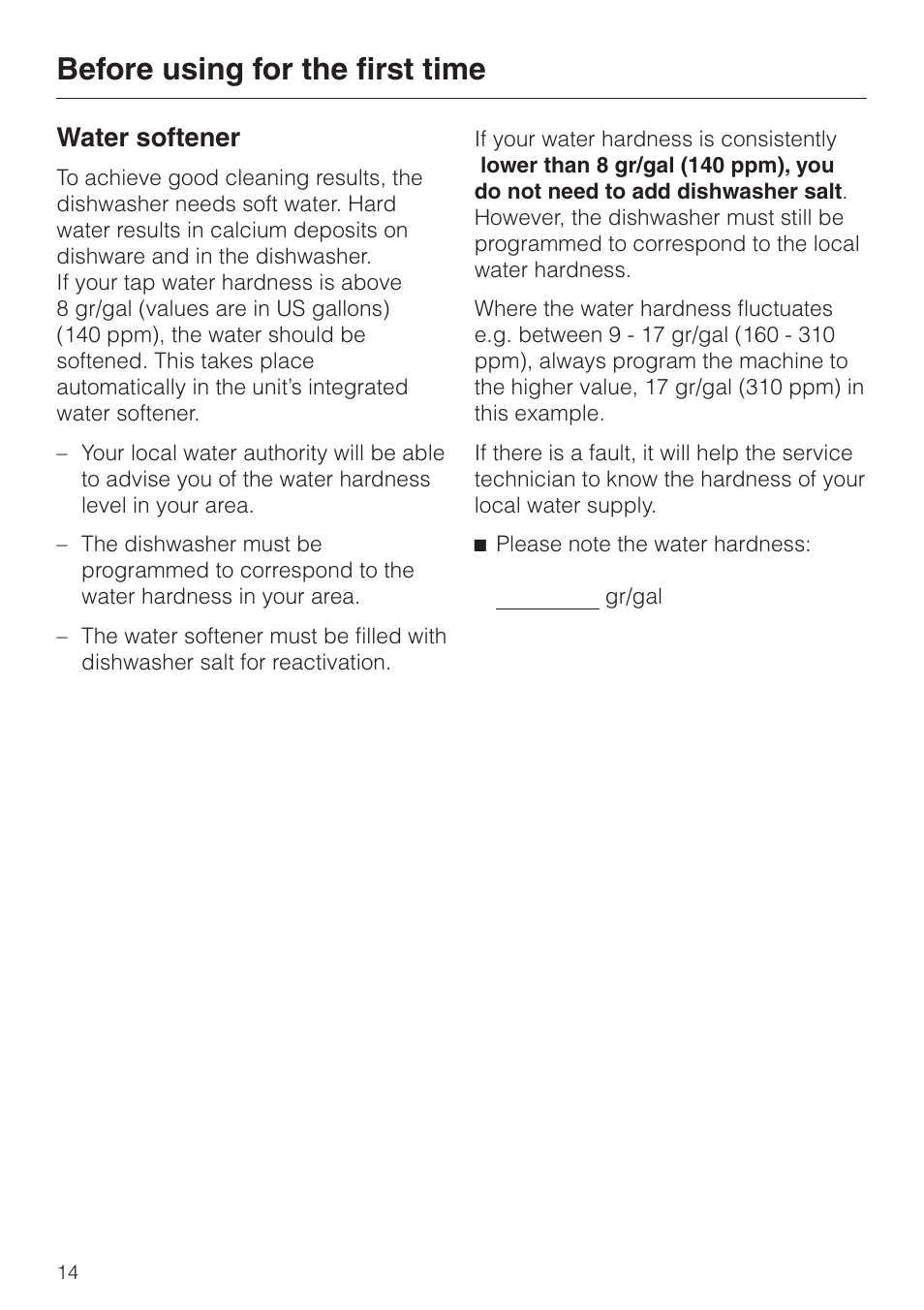 Water softener 14, Before using for the first time, Water softener | Miele G 851 SC Plus User Manual | Page 14 / 52