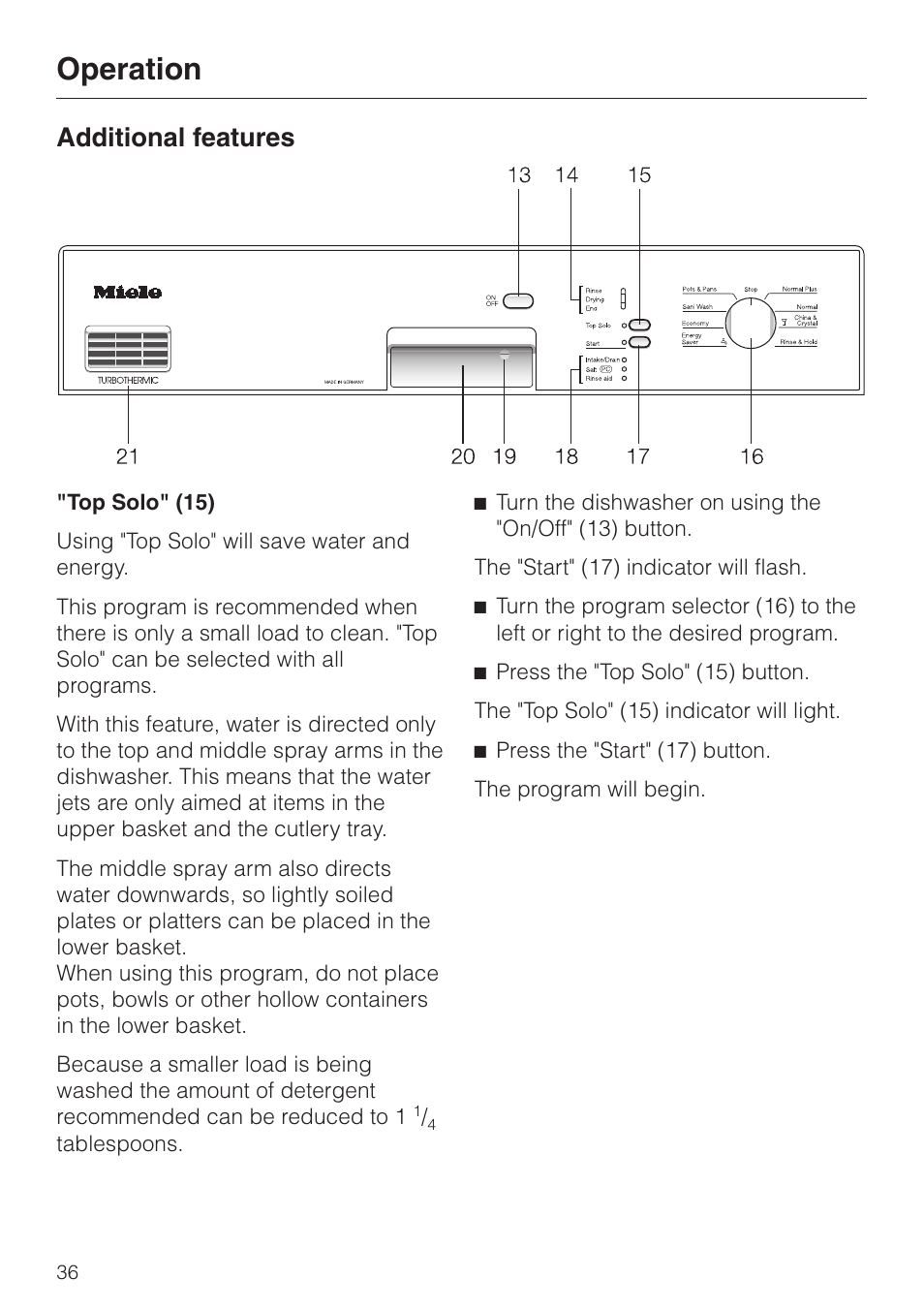 Additional features 36, Top solo" (15) 36, Operation | Additional features | Miele G 851 SC Plus User Manual | Page 36 / 52
