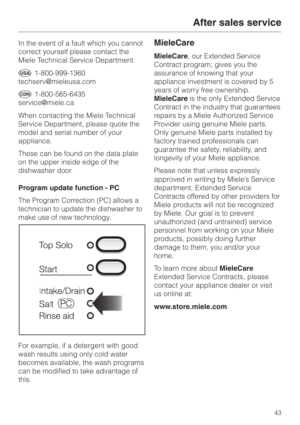 After sales service 43, After sales service, Mielecare | Miele G 851 SC Plus User Manual | Page 43 / 52