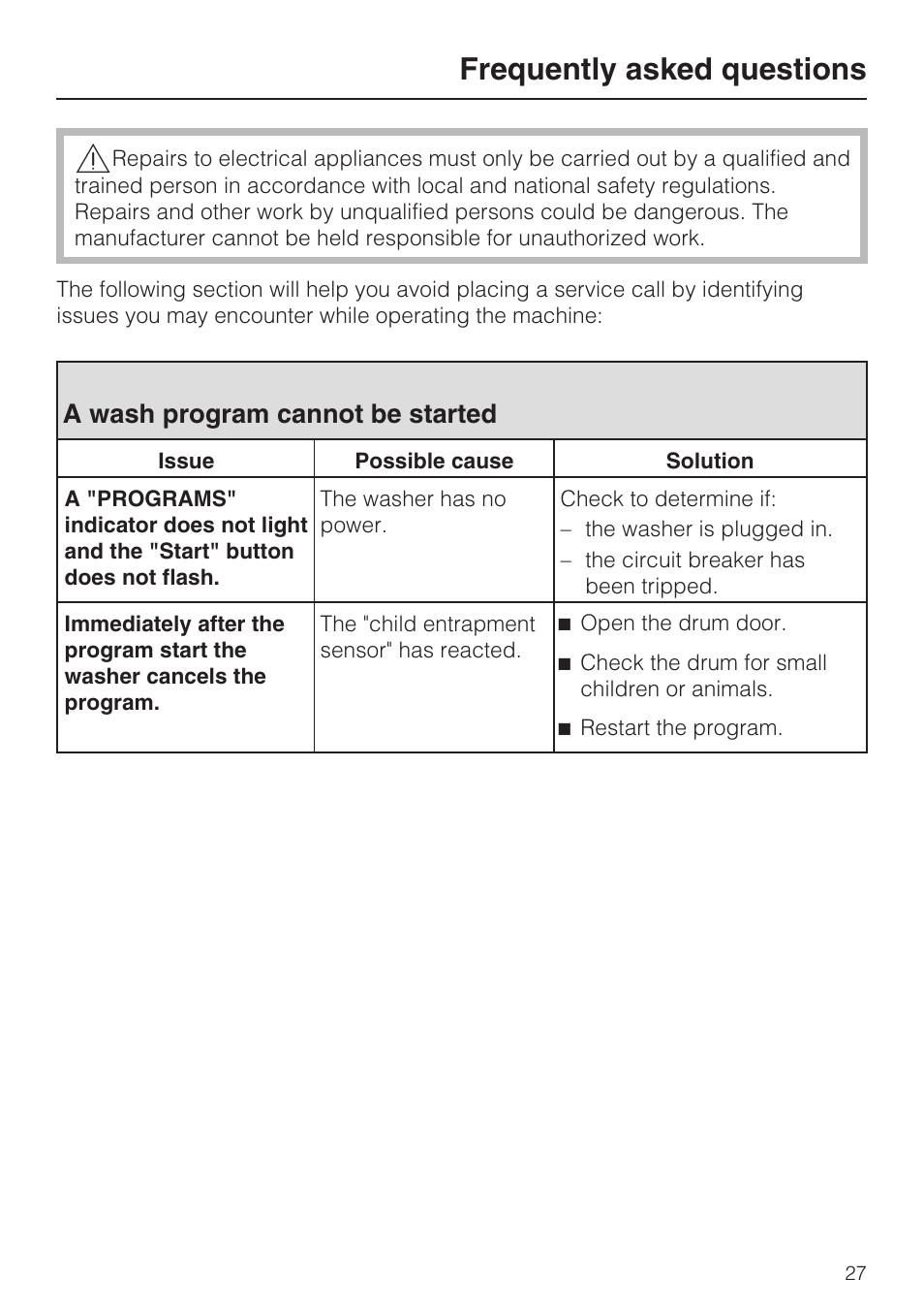 Frequently asked questions 27, A wash program cannot be started 27, Frequently asked questions | A wash program cannot be started | Miele TOUCHTRONIC W 4800 User Manual | Page 31 / 52