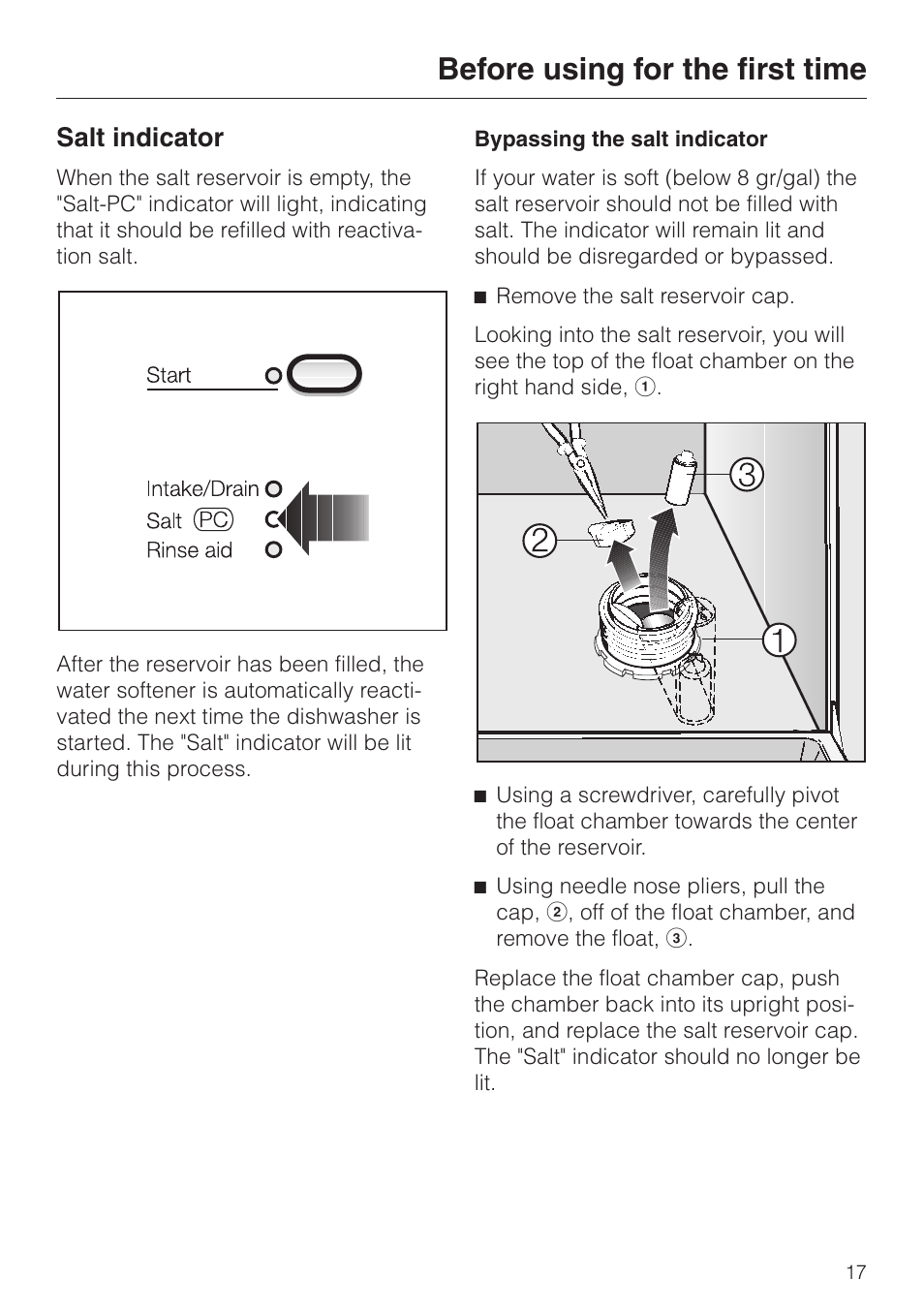 Salt indicator 17, Salt indicator, Before using for the first time | Miele NOVOTRONIC G 841 PLUS User Manual | Page 17 / 48