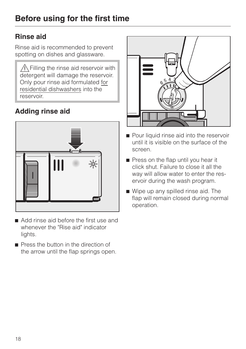 Rinse aid 18, Adding rinse aid 18, Rinse aid adding rinse aid | Before using for the first time, Rinse aid, Adding rinse aid | Miele NOVOTRONIC G 841 PLUS User Manual | Page 18 / 48