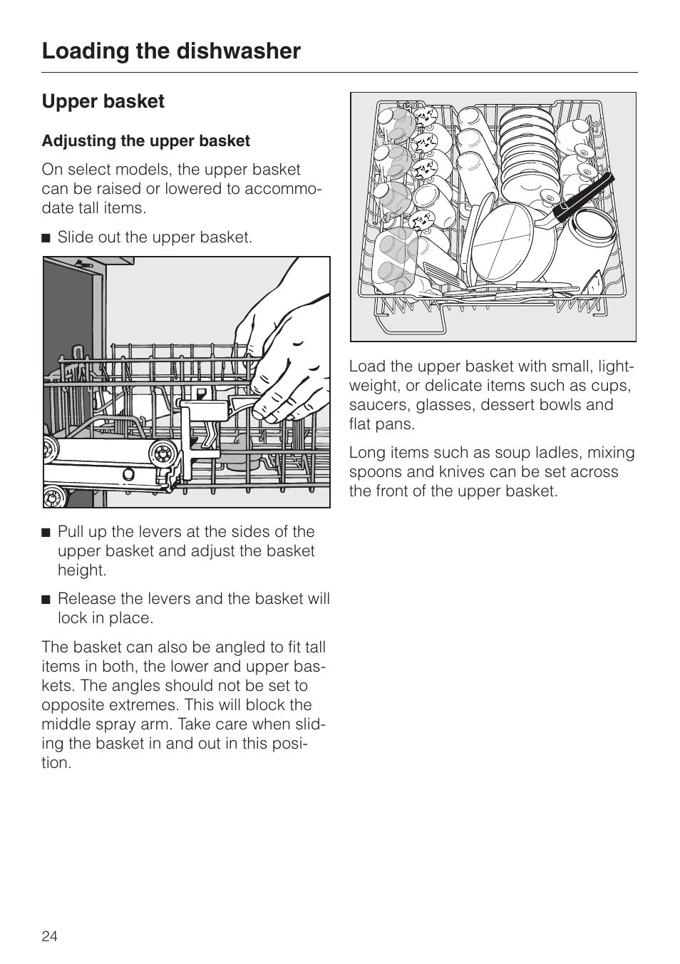 Upper basket 24, Adjusting the upper basket 24, Upper basket | Adjusting the upper basket, Loading the dishwasher | Miele NOVOTRONIC G 841 PLUS User Manual | Page 24 / 48