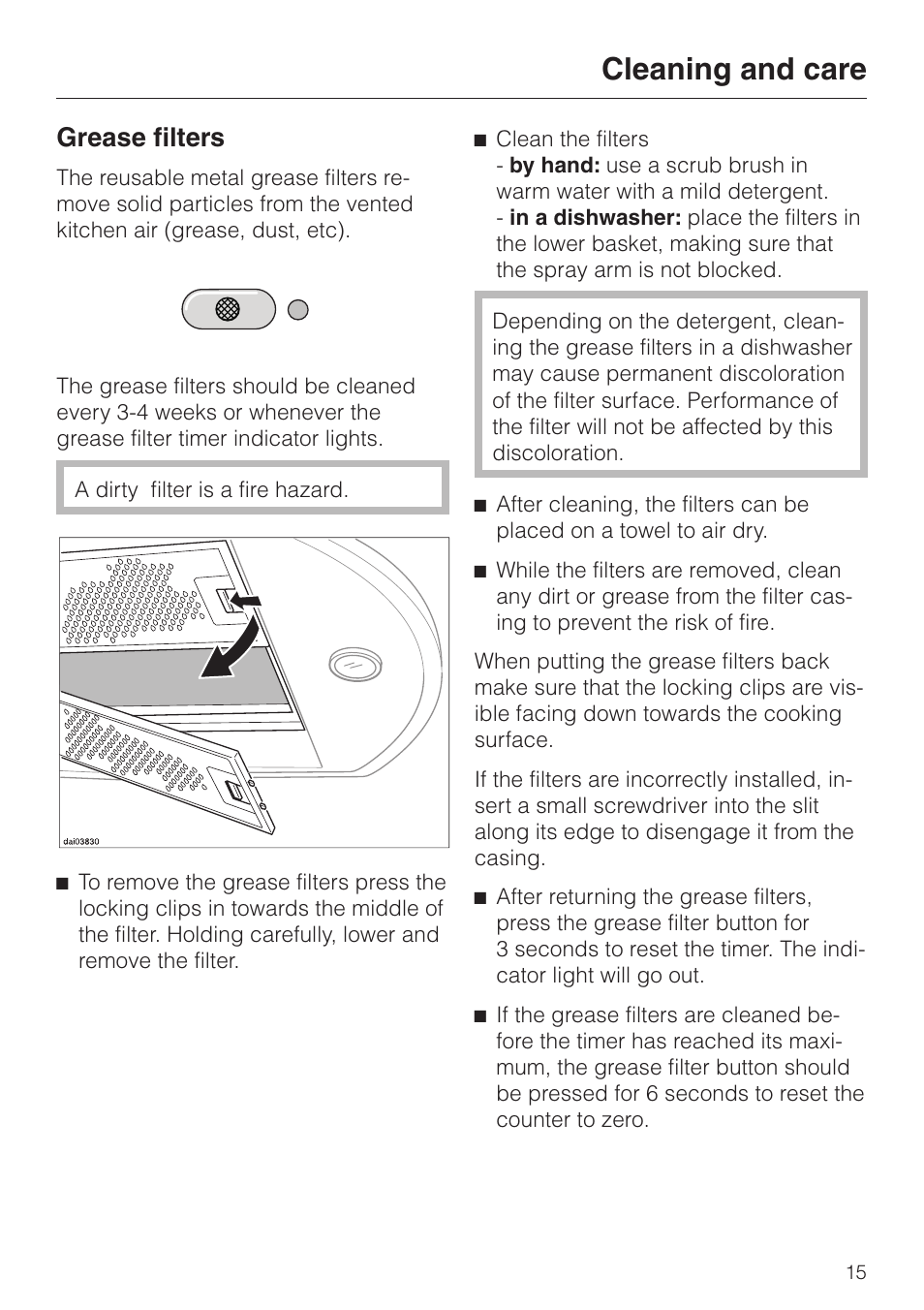 Grease filters 15, Grease filters, Cleaning and care | Miele DA 230-3 User Manual | Page 15 / 32