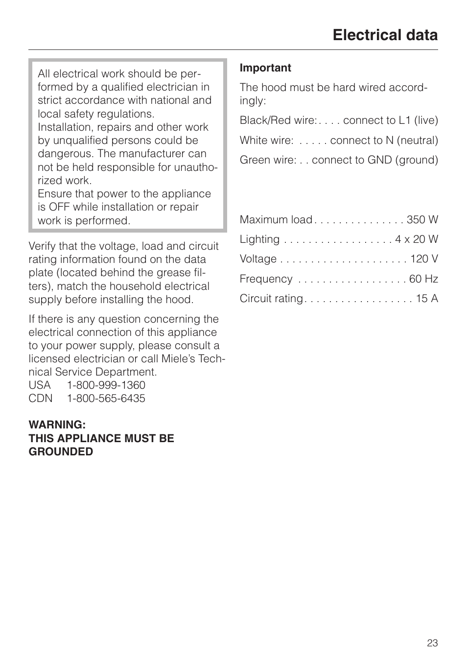 Electrical data 23, Electrical data | Miele DA 230-3 User Manual | Page 23 / 32