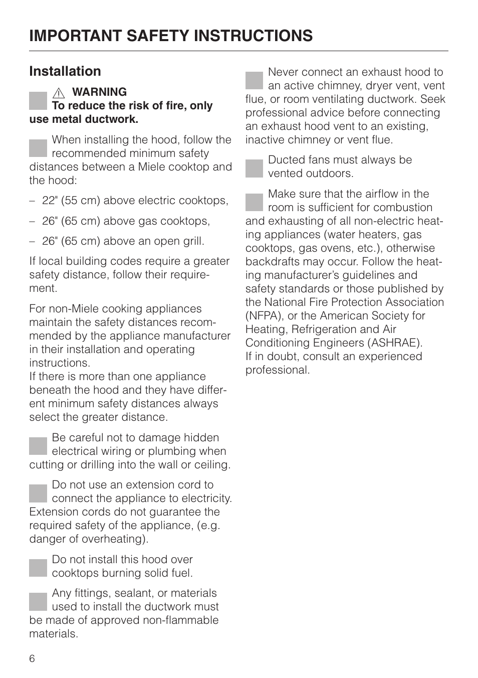 Important safety instructions, Installation | Miele DA 230-3 User Manual | Page 6 / 32
