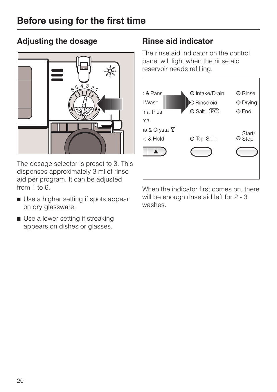 Adjusting the dosage 20, Rinse aid indicator 20, Before using for the first time | Adjusting the dosage, Rinse aid indicator | Miele TOUCHTRONIC G 832 SC User Manual | Page 20 / 48