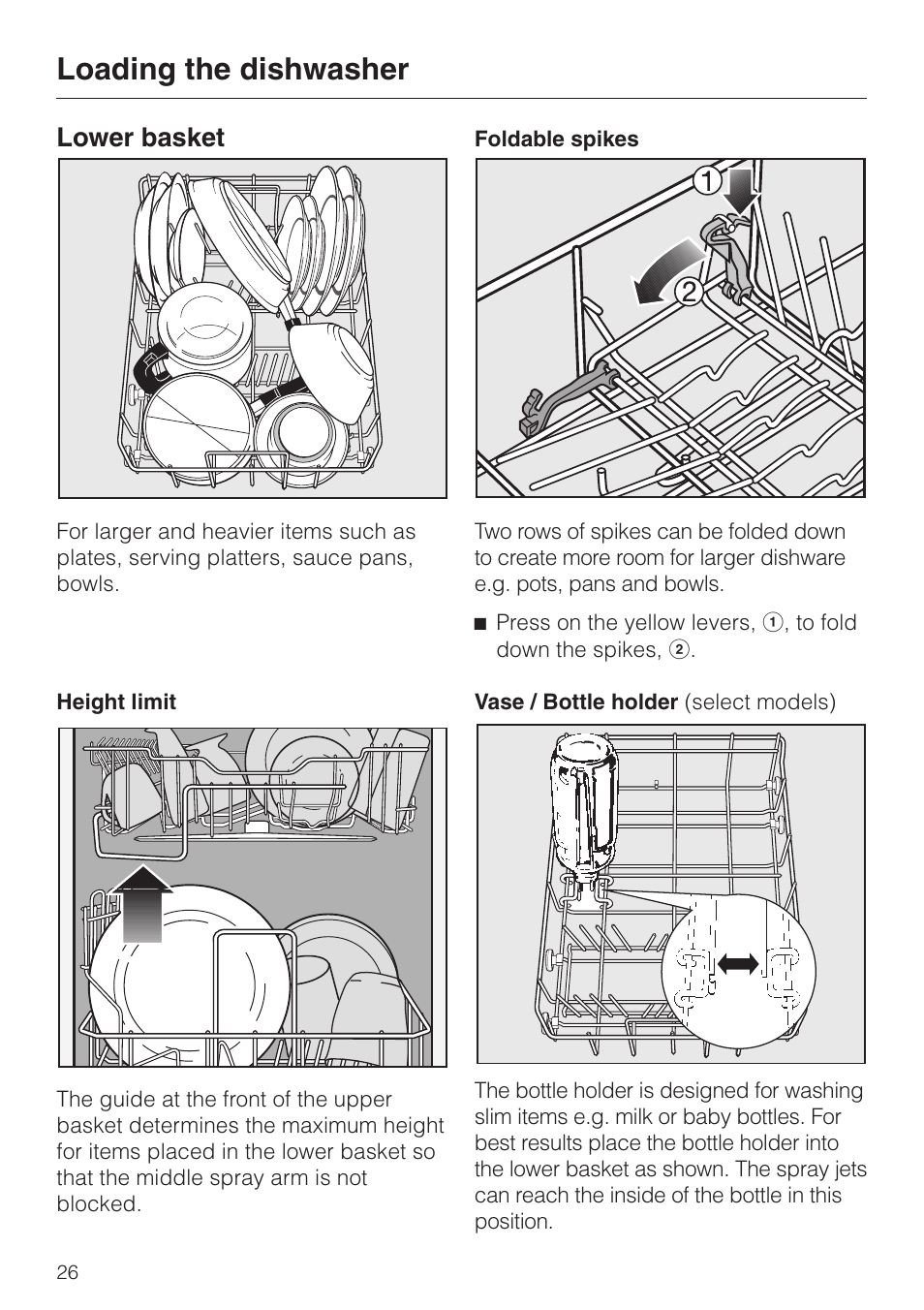 Lower basket 26, Foldable spikes 26, Loading the dishwasher | Lower basket | Miele TOUCHTRONIC G 832 SC User Manual | Page 26 / 48