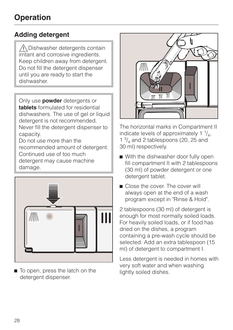 Operation 28, Adding detergent 28, Operation | Adding detergent | Miele TOUCHTRONIC G 832 SC User Manual | Page 28 / 48