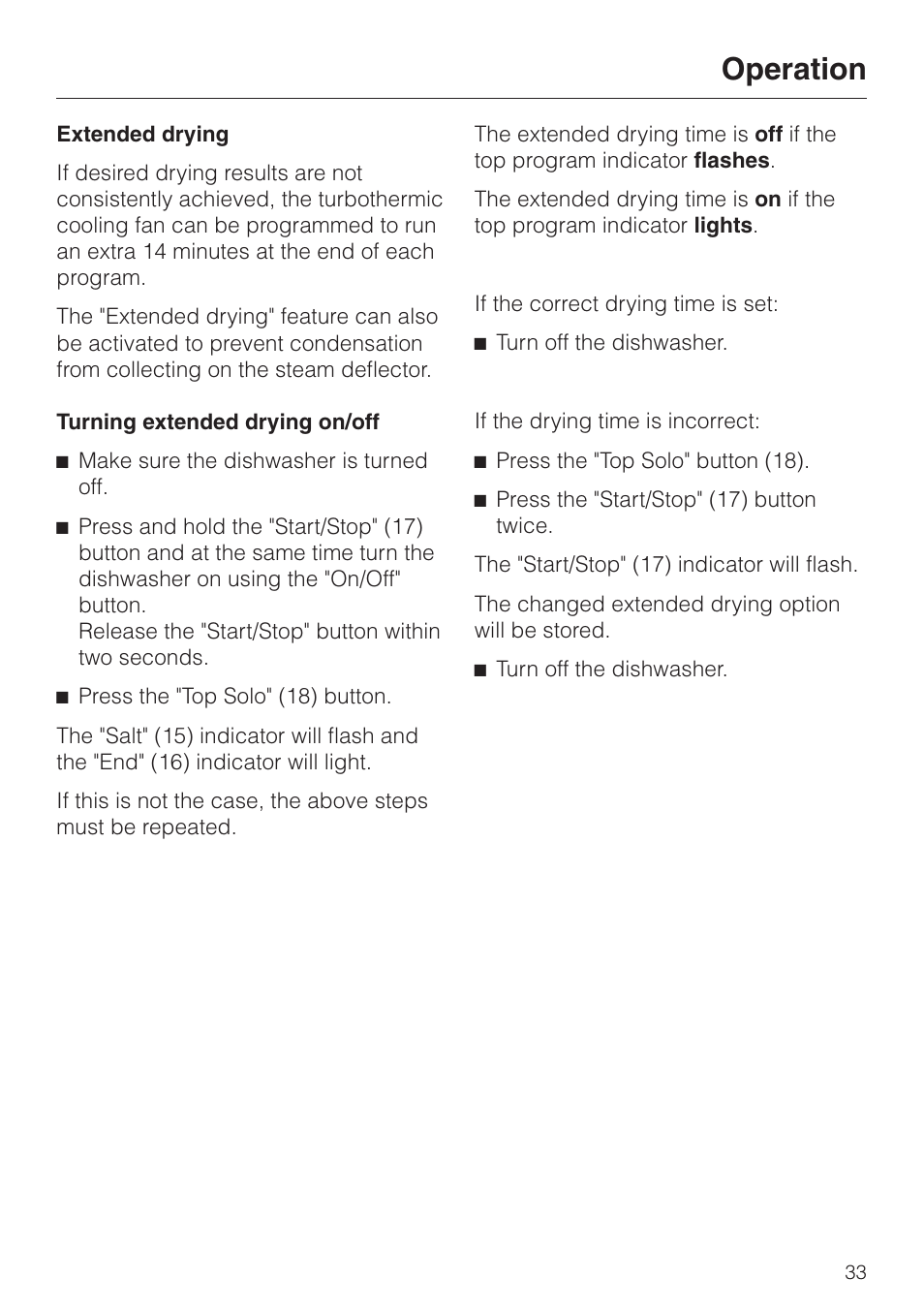 Extended drying 33, Operation | Miele TOUCHTRONIC G 832 SC User Manual | Page 33 / 48