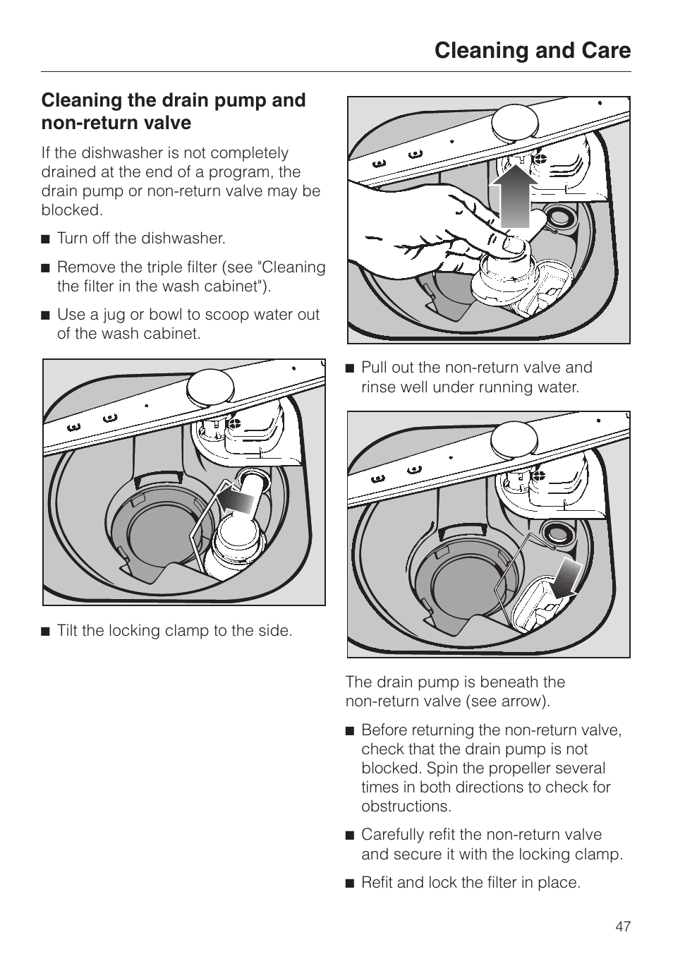 Cleaning the drain pump and non-return valve 47, Cleaning and care, Cleaning the drain pump and non-return valve | Miele TOUCHTRONIC G 832 SC User Manual | Page 47 / 48