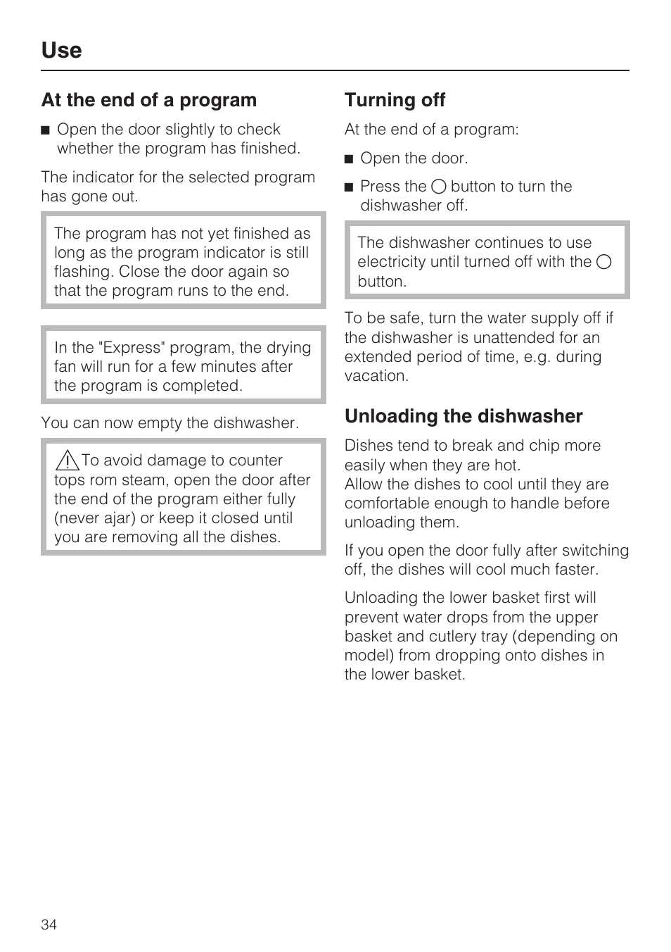 At the end of a program 34, Turning off 34, Unloading the dishwasher 34 | At the end of a program, Turning off, Unloading the dishwasher | Miele G 5175 User Manual | Page 34 / 60