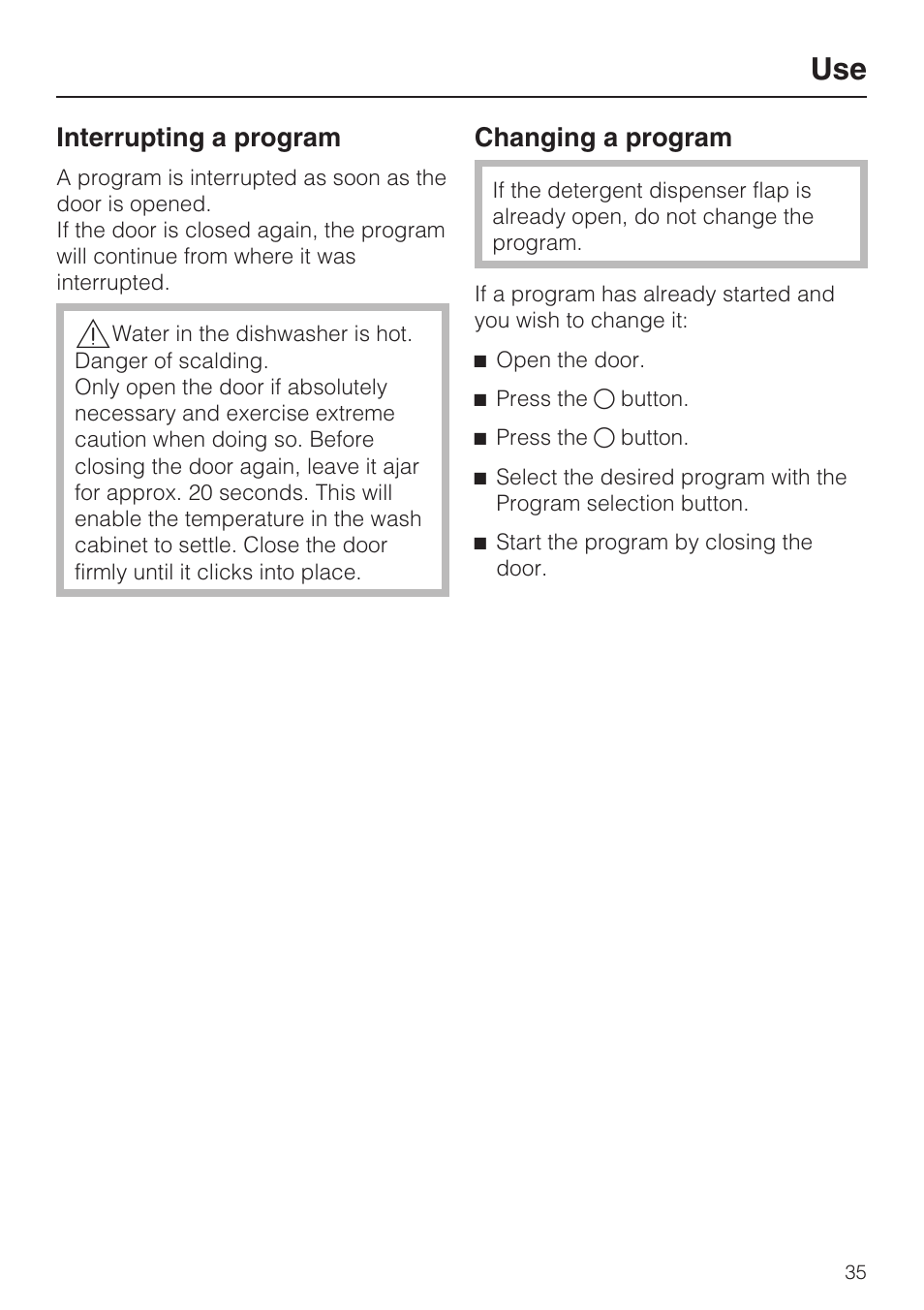 Interrupting a program 35, Changing a program 35 | Miele G 5175 User Manual | Page 35 / 60