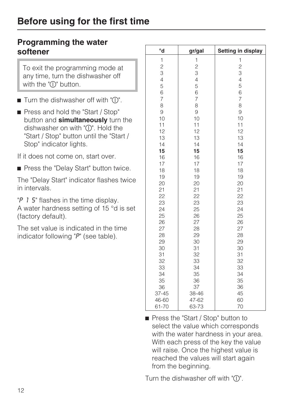 Programming the water softener 12, Before using for the first time, Programming the water softener | Miele G 2432 User Manual | Page 12 / 60