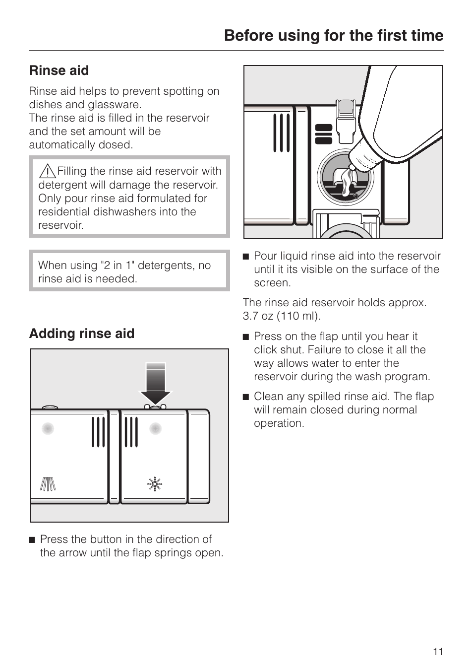 Rinse aid 11, Adding rinse aid 11, Before using for the first time | Rinse aid, Adding rinse aid | Miele ADVANTA SERIES G 2020 User Manual | Page 11 / 52
