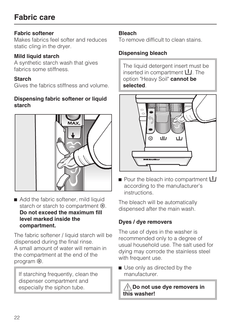 Fabric care 22, Fabric care | Miele TOUCHTRONIC W 3039 User Manual | Page 22 / 60