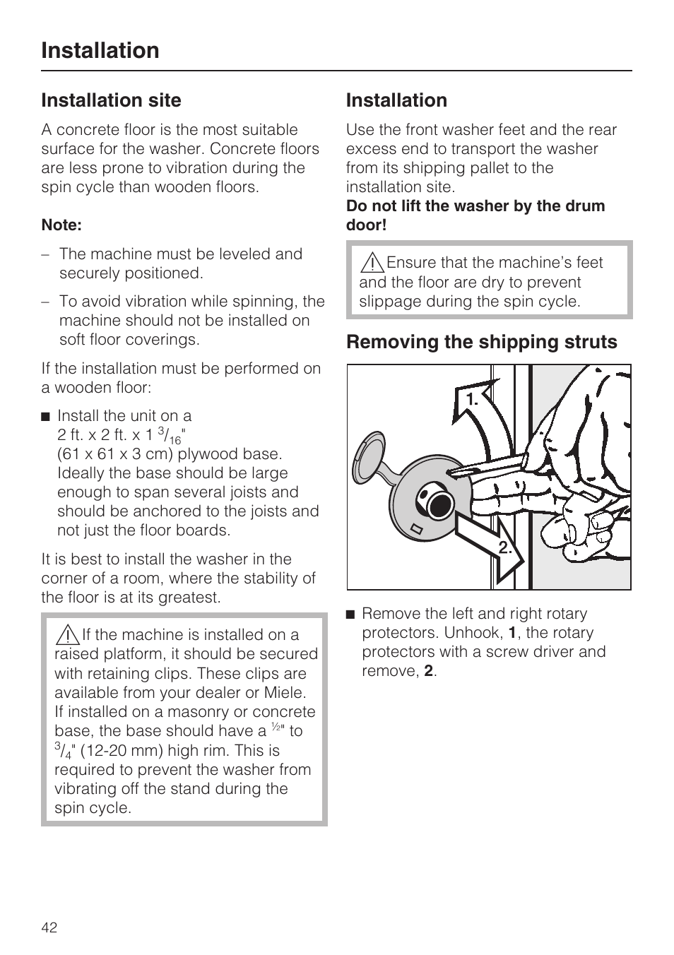 Installation site 42, Removing the shipping struts 42, Installation site | Installation, Removing the shipping struts | Miele TOUCHTRONIC W 3039 User Manual | Page 46 / 60