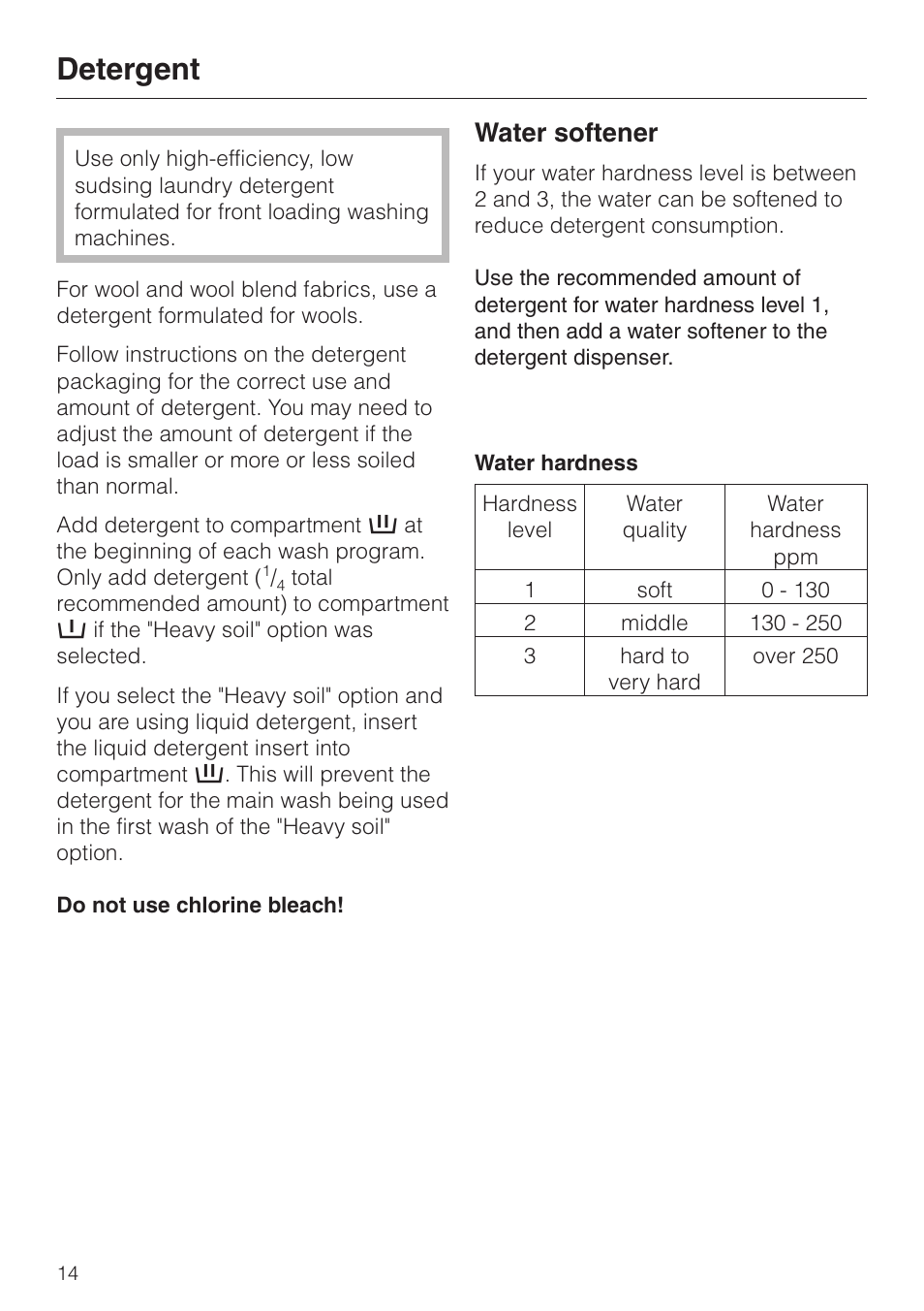 Detergent 14, Water softener 14, Detergent | Water softener | Miele W1986 User Manual | Page 14 / 52