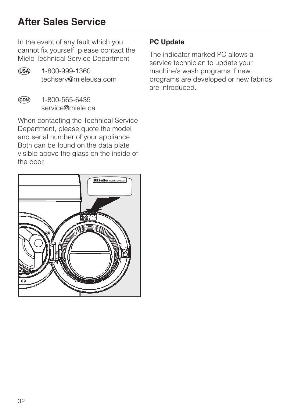 After sales service 32, After sales service | Miele W1986 User Manual | Page 36 / 52