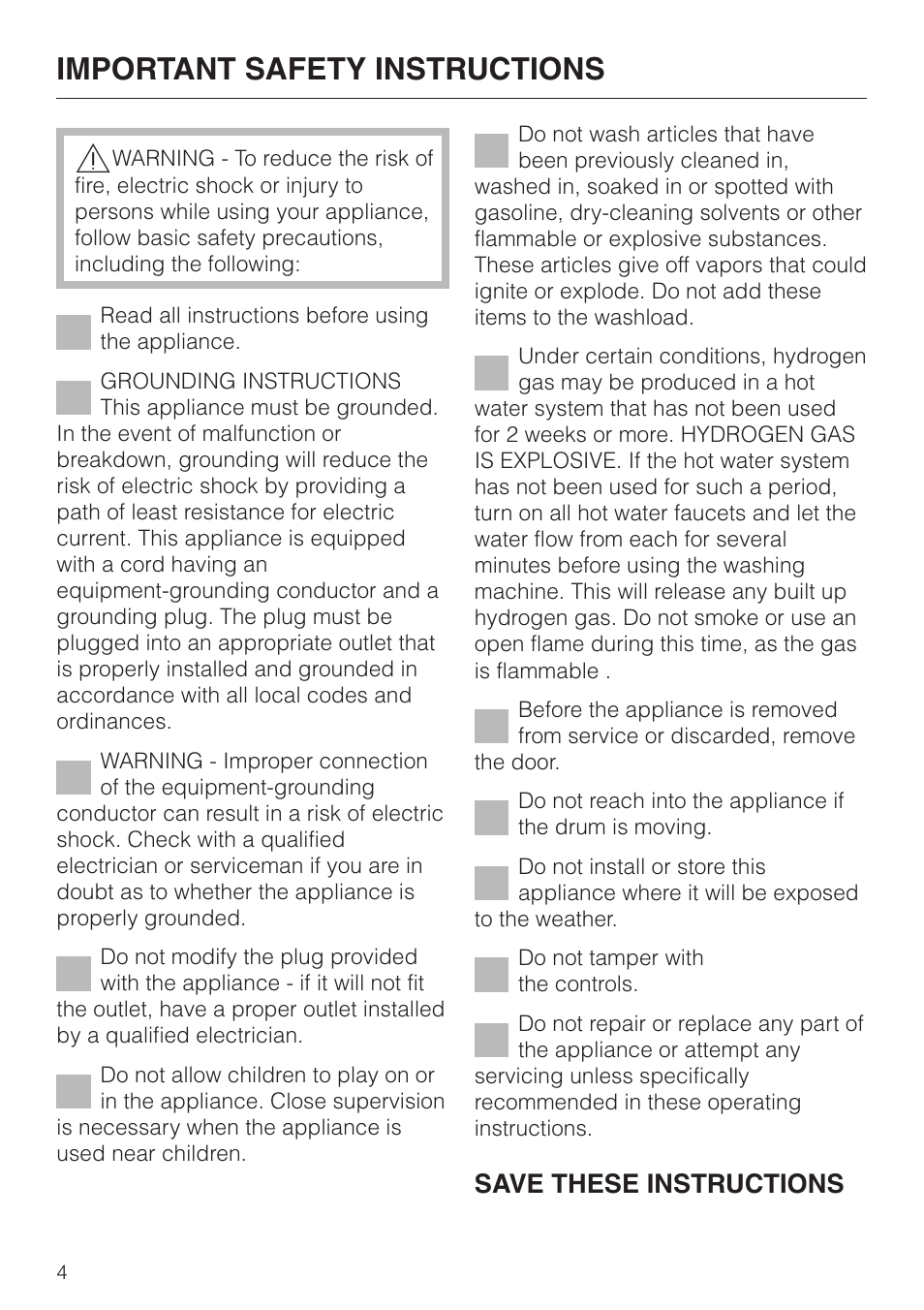 Important safety instructions 4, Important safety instructions, Save these instructions | Miele W1986 User Manual | Page 4 / 52