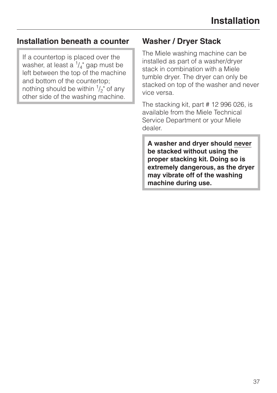 Washer / dryer stack 37, Washer / dryer stack, Installation | Installation beneath a counter | Miele W1986 User Manual | Page 41 / 52