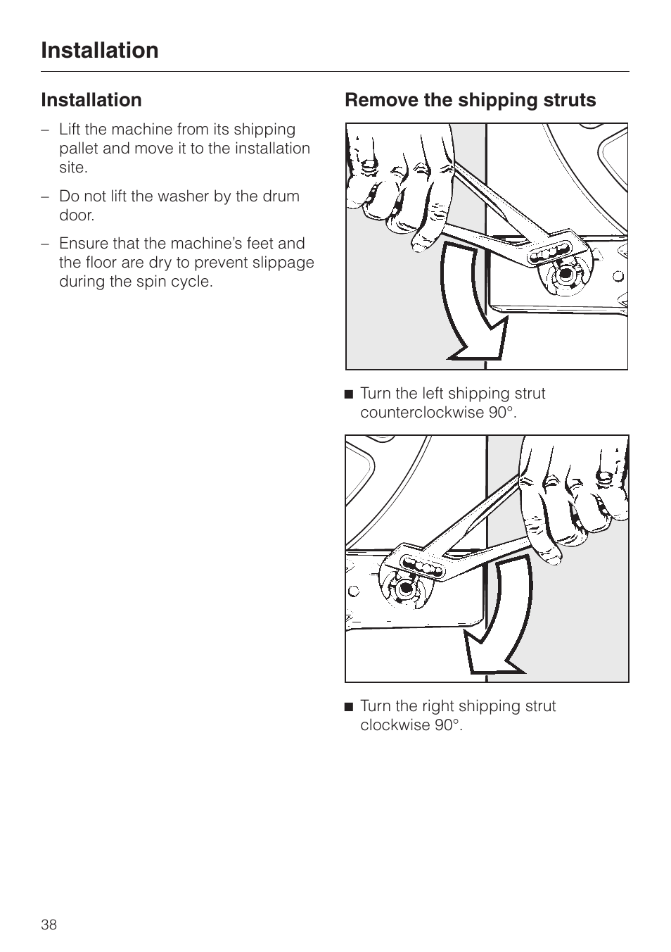 Installation 38, Remove the shipping struts 38, Installation remove the shipping struts | Installation, Remove the shipping struts | Miele W1986 User Manual | Page 42 / 52