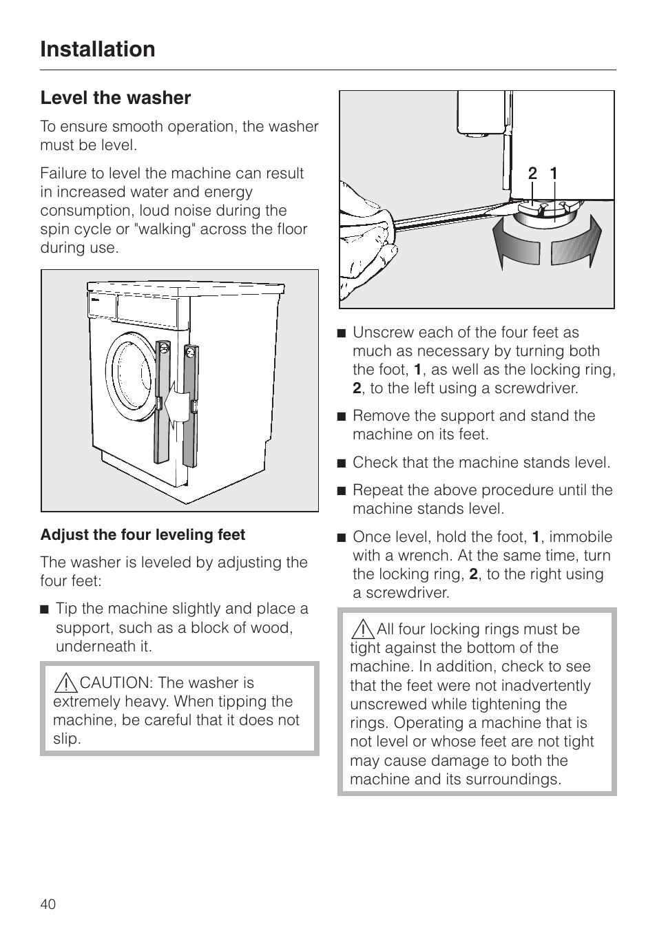 Level the washer 40, Adjust the four leveling feet 40, Level the washer | Adjust the four leveling feet, Installation | Miele W1986 User Manual | Page 44 / 52