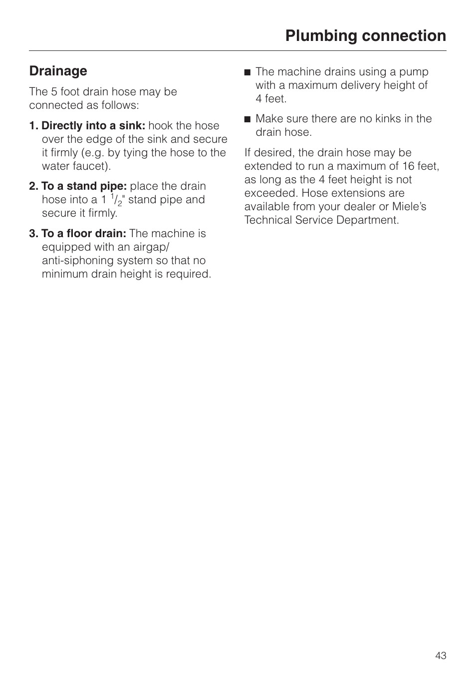 Drainage 43, Drainage, Plumbing connection | Miele W1986 User Manual | Page 47 / 52