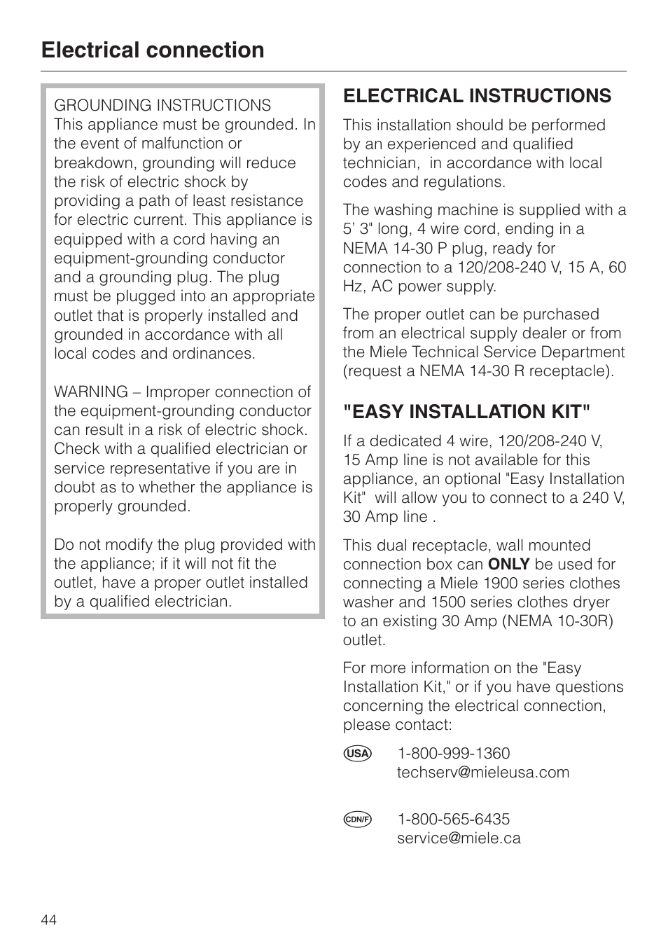 Electrical connection 44, Electrical connection, Electrical instructions | Easy installation kit | Miele W1986 User Manual | Page 48 / 52