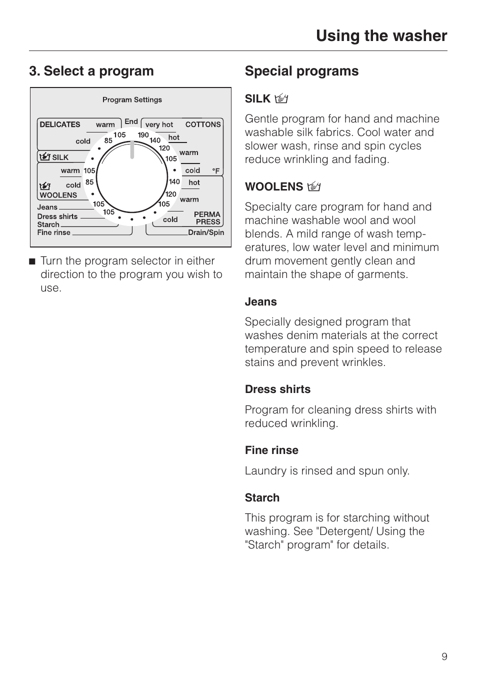Select a program 9, Special programs 9, Select a program special programs | Using the washer, Select a program, Special programs | Miele W1986 User Manual | Page 9 / 52
