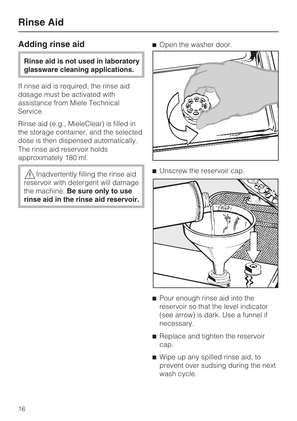 Rinse aid 16, Rinse aid, Adding rinse aid | Miele G 7893 User Manual | Page 16 / 76