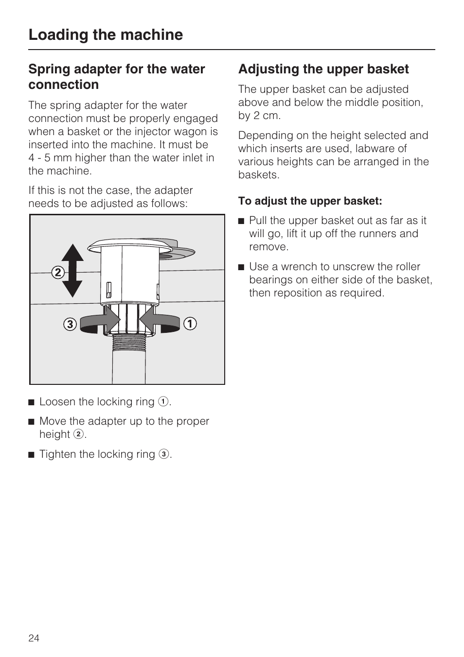 Spring adapter for the water connection 24, Adjusting the upper basket 24, Loading the machine | Spring adapter for the water connection, Adjusting the upper basket | Miele G 7893 User Manual | Page 24 / 76