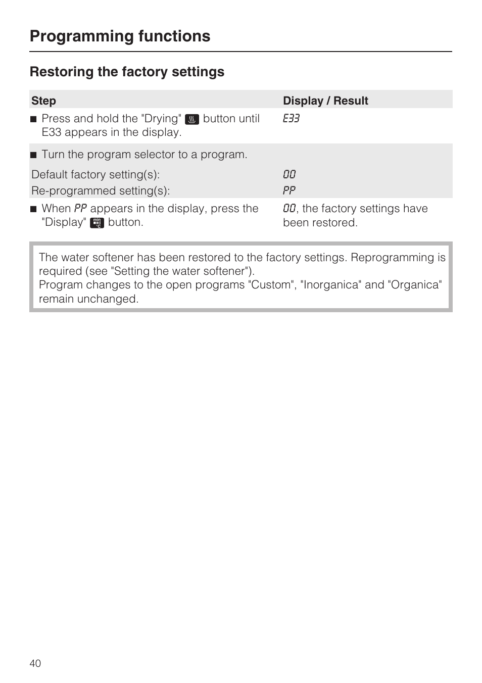Restoring the factory settings 40, Programming functions, Restoring the factory settings | Miele G 7893 User Manual | Page 40 / 76
