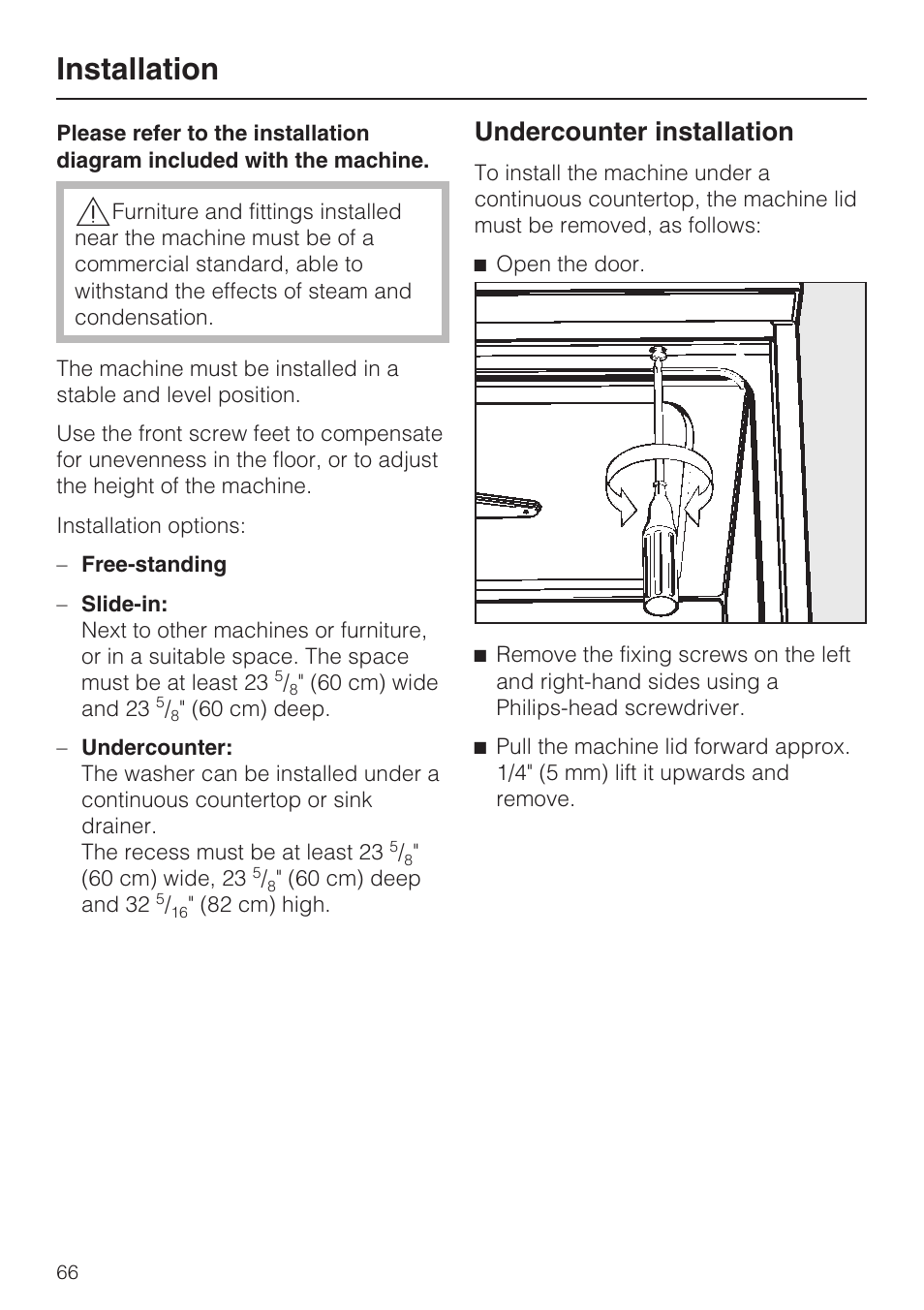 Installation 66, Installation, Undercounter installation | Miele G 7893 User Manual | Page 66 / 76