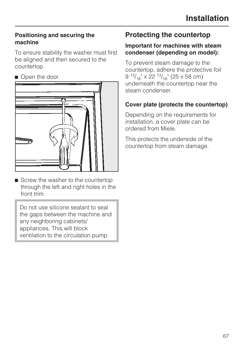Installation, Protecting the countertop | Miele G 7893 User Manual | Page 67 / 76