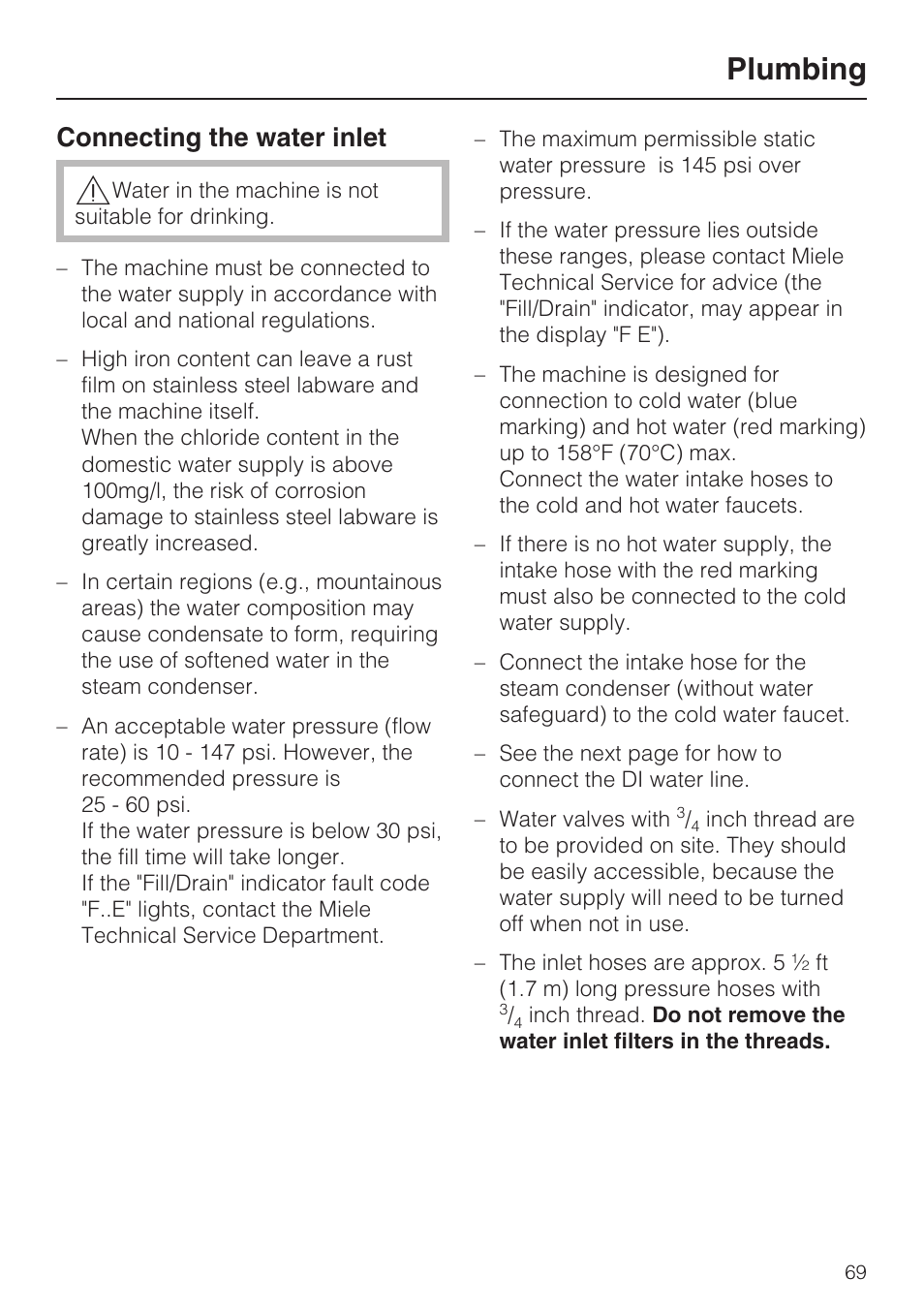 Plumbing 69, Connecting the water inlet 69, Plumbing | Connecting the water inlet | Miele G 7893 User Manual | Page 69 / 76