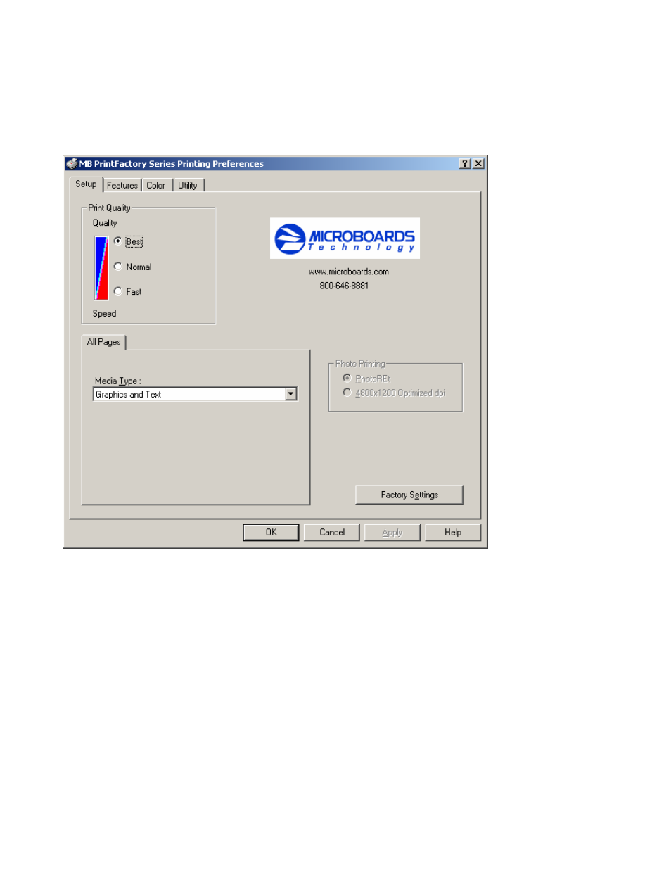 Chapter 5 printer properties, Setup tab, Printing recommendations | MicroBoards Technology Print Factory User Manual | Page 30 / 41