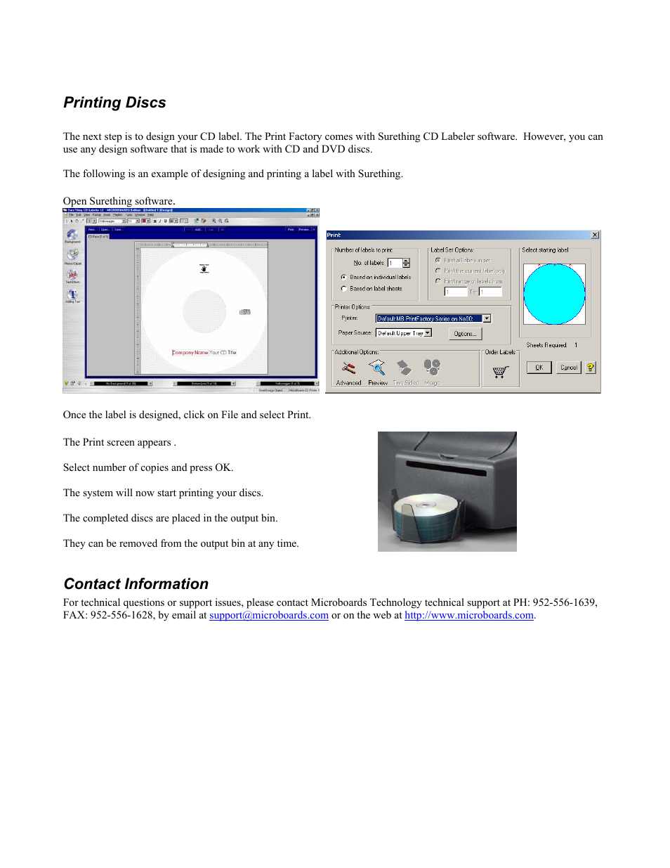 Printing discs, Contact information | MicroBoards Technology PF-2 User Manual | Page 9 / 9