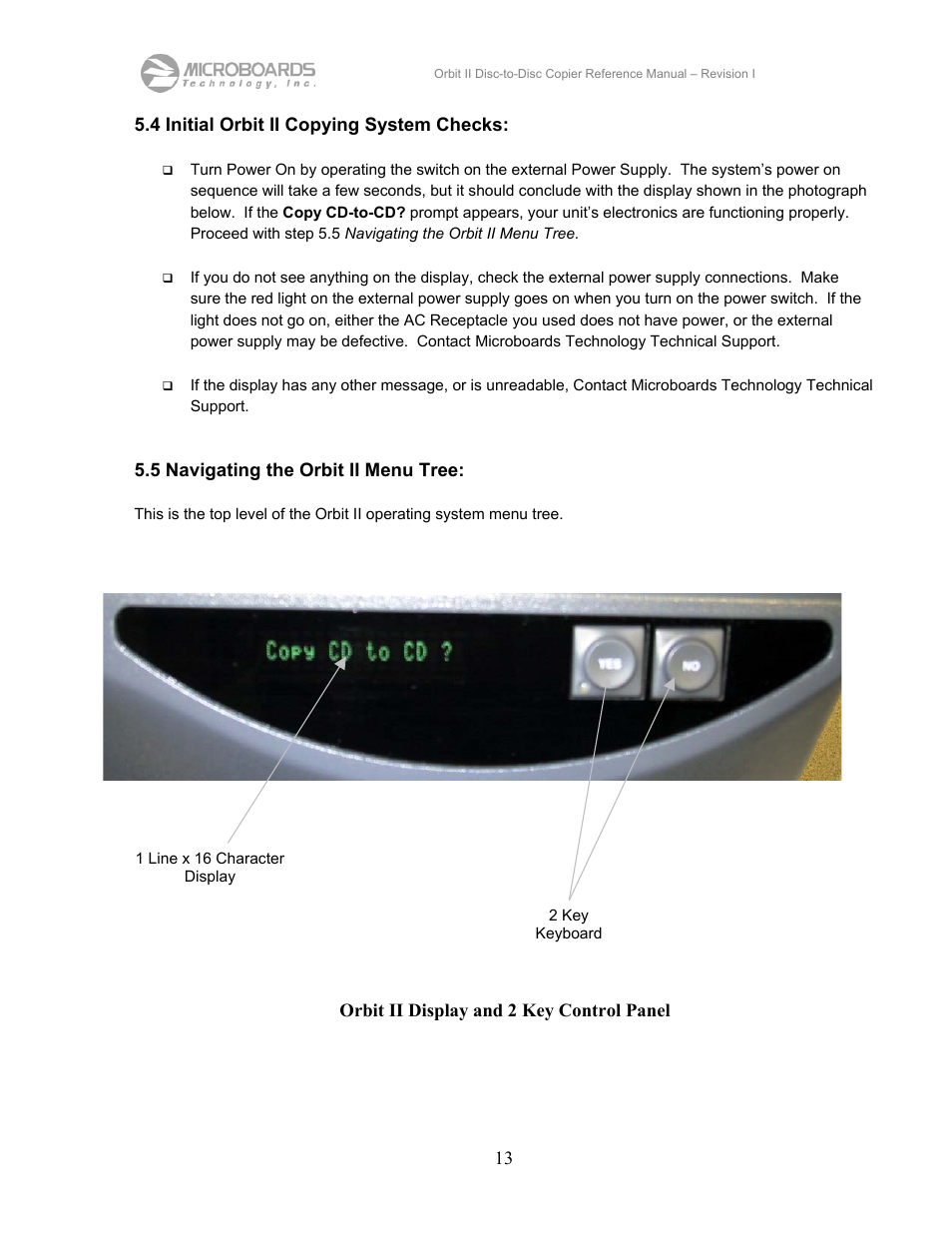 4 initial orbit ii copying system checks, 5 navigating the orbit ii menu tree | MicroBoards Technology CD Disc-to-Disc Office Copier II User Manual | Page 13 / 39