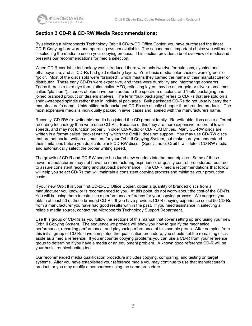 Section 3 cd-r & cd-rw media recommendations | MicroBoards Technology CD Disc-to-Disc Office Copier II User Manual | Page 5 / 39