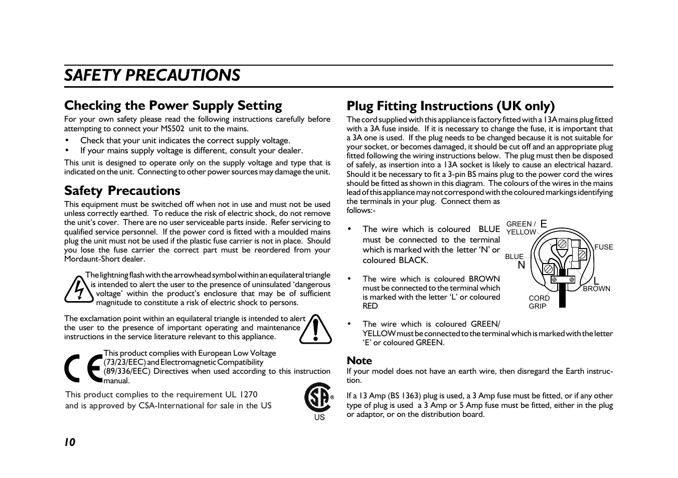 Checking the power supply setting, Safety precautions, Plug fitting instructions (uk only) | Mordaunt-Short 500 Series THX User Manual | Page 10 / 11